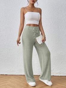 SHEIN Frenchy Solid Tie Front Ribbed Knit Baggy Grain Fabric Pants - Mint Green - View 4