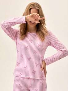 Loomlin Zestaw piżam damskich, bawełnianych, 2 szt., w paski i wzór bot, uroczy