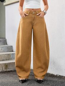 Jeanoix Y2K Low Waist Fashion Curved Pocket Washed Denim Jeans - Brown - View 8