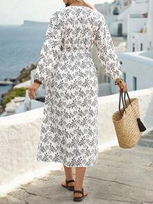 SHEIN Holidaya Đầm nữ mùa hè cổ chữ V sâu (viền không đều) - Đen và trắng - Xem 2