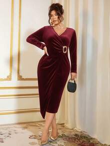 Cravure Plus Size Elegant Solid Color Wrap Dress, Suitable For Commuting - Burgundy - View 5