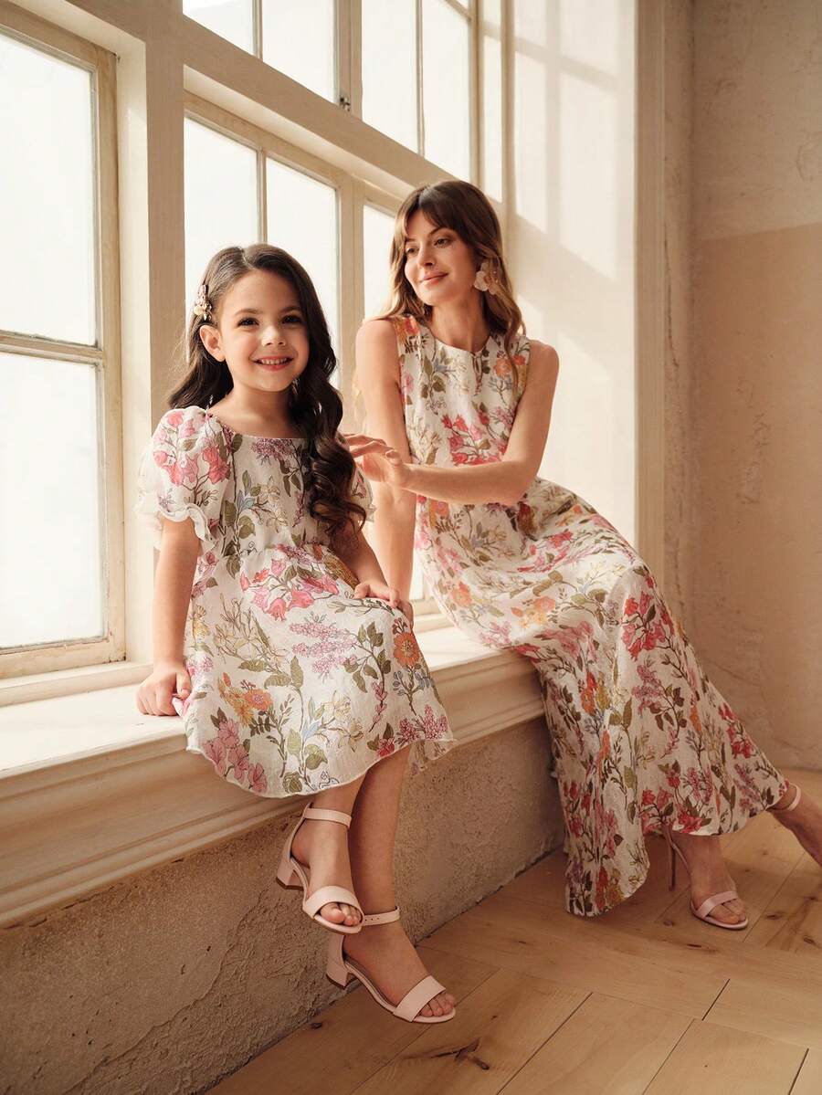 SHEIN Vestido de niña (niña pequeña) con estampado floral 3D, conjunto a juego para toda la familia - Multicolor - Ver 1