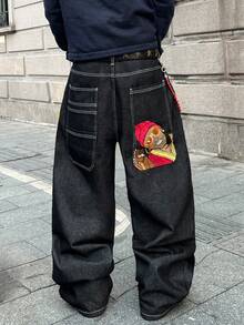 STEELVANCE 复古街头风休闲宽松直筒牛仔裤，后袋饰有独特的狗狗刺绣图案。 - 黑色 - 查看 2