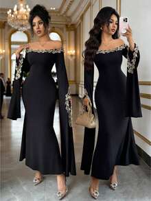 Rafferiza 优雅性感露肩金色蕾丝装饰天使袖收腰修身针织长裙，黑色，秋冬款 - 黑色 - 查看 4