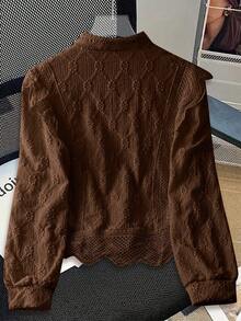 GlowEve Women's Simple Solid Color Textured Front Button Long Sleeve Shirt, Commuter Wear - Brown - View 2