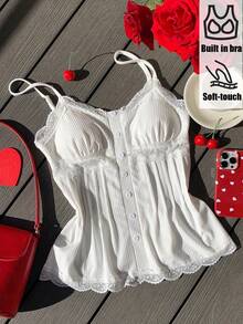 Comfortcana Women's Y2K Contrast Lace Button Design Camisole White Top,Tank Top With Chest Cushion - White - View 1