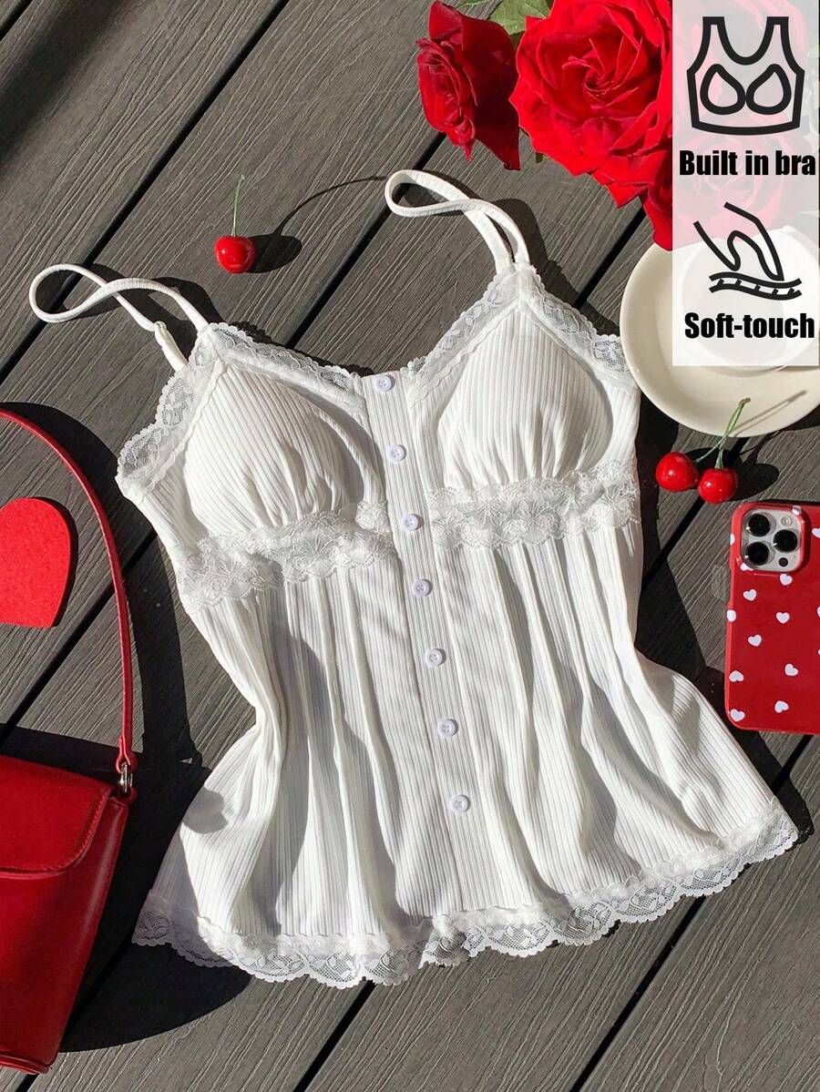 Comfortcana Women's Y2K Contrast Lace Button Design Camisole White Top,Tank Top With Chest Cushion - White - View 1