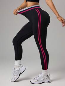 Dewbera 女士休闲运动侧条纹提臀紧身裤 - 黑色 - 查看 5