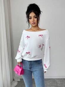 Selianne Elegant & Romantic Off Shoulder Long Sleeve Sweatshirt, Suitable For Vacation, Commute, And Everyday Wear - White - View 3