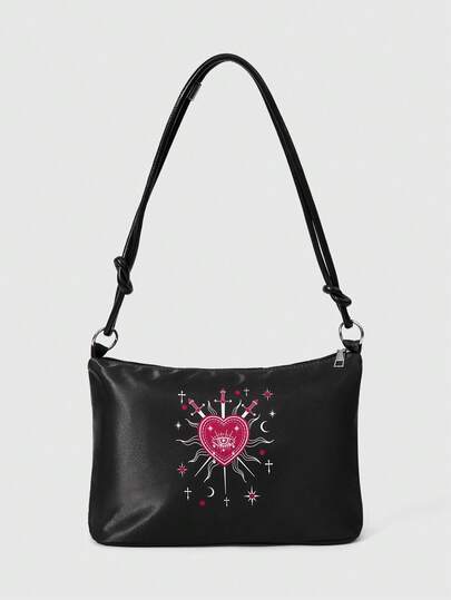 ROMWE Fairycore 时尚刺绣眼睛、爱心、星星、珍珠和宝石图案大容量女士手提包 1337053