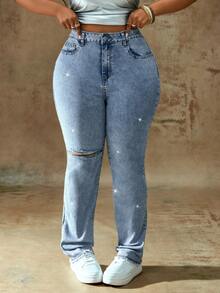 Truni Plus Size Casual Washed Distressed Rhinestone Embellished Jeans, For Pear & Triangle Body Shape - Blue - View 5