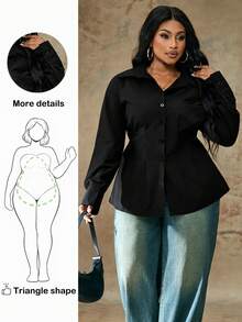 Truni 大码纯色前扣收腰长袖衬衫，秋季休闲风格 - 黑色 - 查看 1