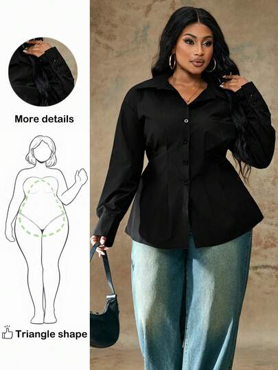 Truni Plus Size Plain Buttoned Front Gathered Waist Long Sleeve Shirt, Casual Style For Autumn, For Pear Triangle Body Shape