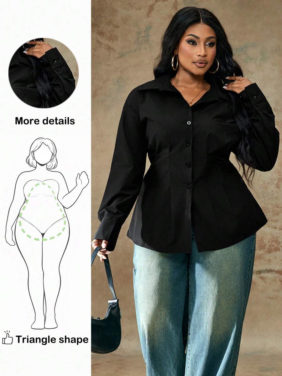 Truni 大码纯色前扣收腰长袖衬衫，秋季休闲风格 - 黑色 - 查看 1