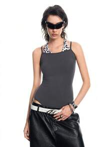 Airlisse Women's Chic Leopard Print Spaghetti Strap Backless Bodysuit,Elegant Gray Summer Everyday Cheetah Y2K Yoga Top Tummy Control Bathing Suit - Grey - View 4
