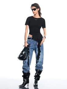 Airlisse Women's Y2K Fashion Ruffle Hem Long Sleeve T-Shirt, Suitable For Graduation, Party, And Everyday Wear - Black - View 6