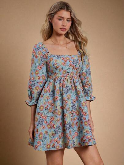 WESTFADE Vestido mini casual y lindo de estilo bohemio con cuello cuadrado, espalda fruncida, mangas abullonadas cortas y estampado de tapicería floral, para otoño, invierno, conciertos campestres, vestimenta occidental para mujeres