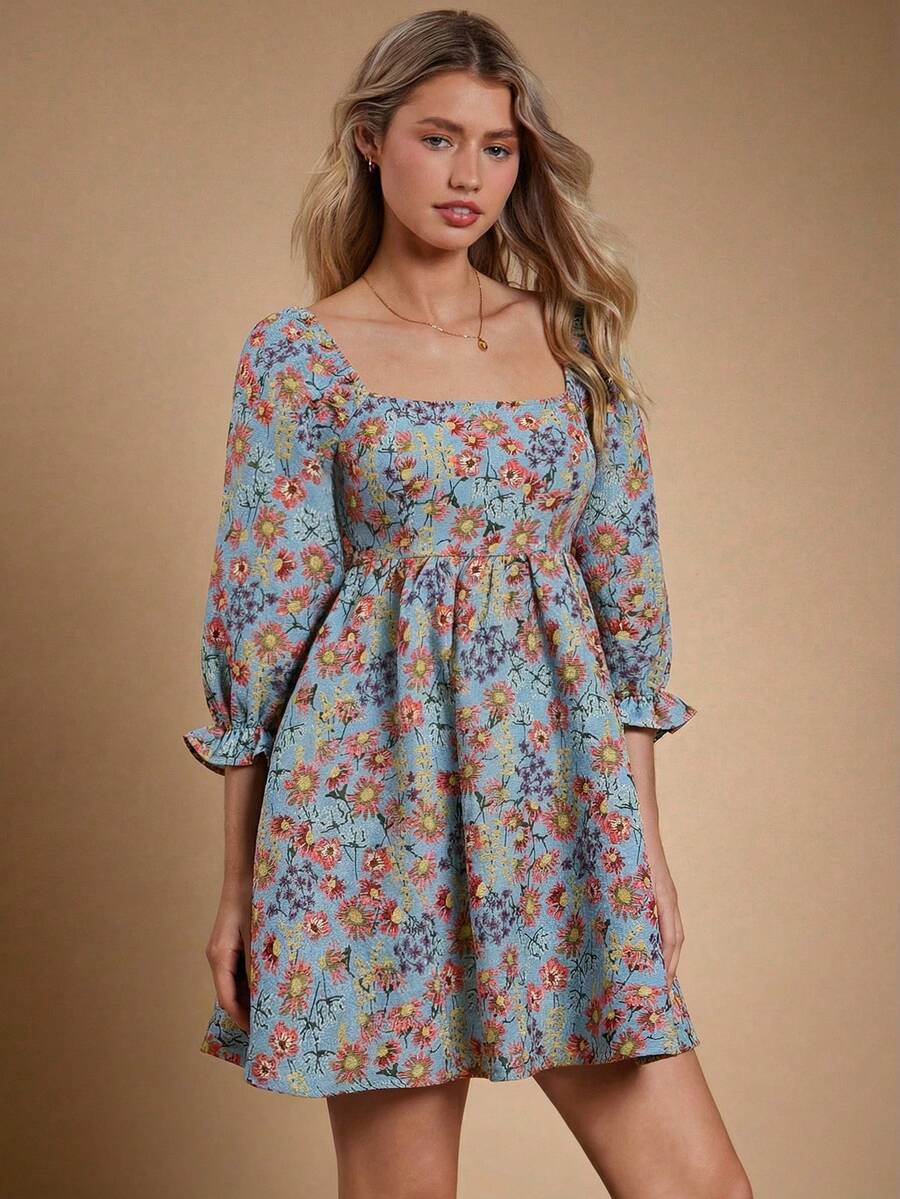 WESTFADE 花卉提花方领褶皱露背短泡泡袖迷你连衣裙，休闲可爱波西米亚风，适合秋季、冬季、乡村音乐会、西部风格场合，女士服装 - 淺藍色 - 查看 1