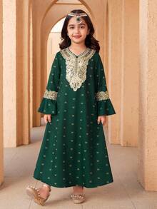 少女碎花印花金色领口喇叭袖蕾丝边长裙 - 墨綠色 - 查看 7