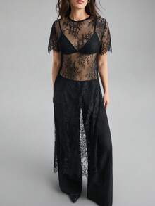 Ontre 2026 New Spring/Summer Women's Woven Fabric Romantic Valentine's Day Design Black Loose Fit Round Neck Short Sleeve Lace Long Blouse, 4th Of July Urban Chic Minimalist Fashion Commuter - Black - View 3