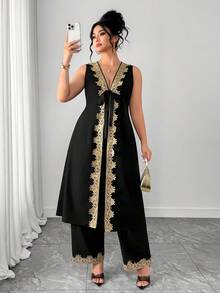 Elenzga 女士V领蝴蝶结两件套，金色花卉饰边无袖长款露脐上衣和阔腿裤，休闲夏季套装 - 黑色 - 查看 1