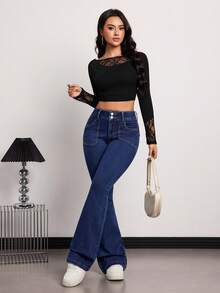 SHEIN Tall 春夏女士休闲喇叭牛仔裤，舒适弹力，时尚休闲优雅，水洗蓝色喇叭牛仔裤 - 深色水洗藍 - 查看 3