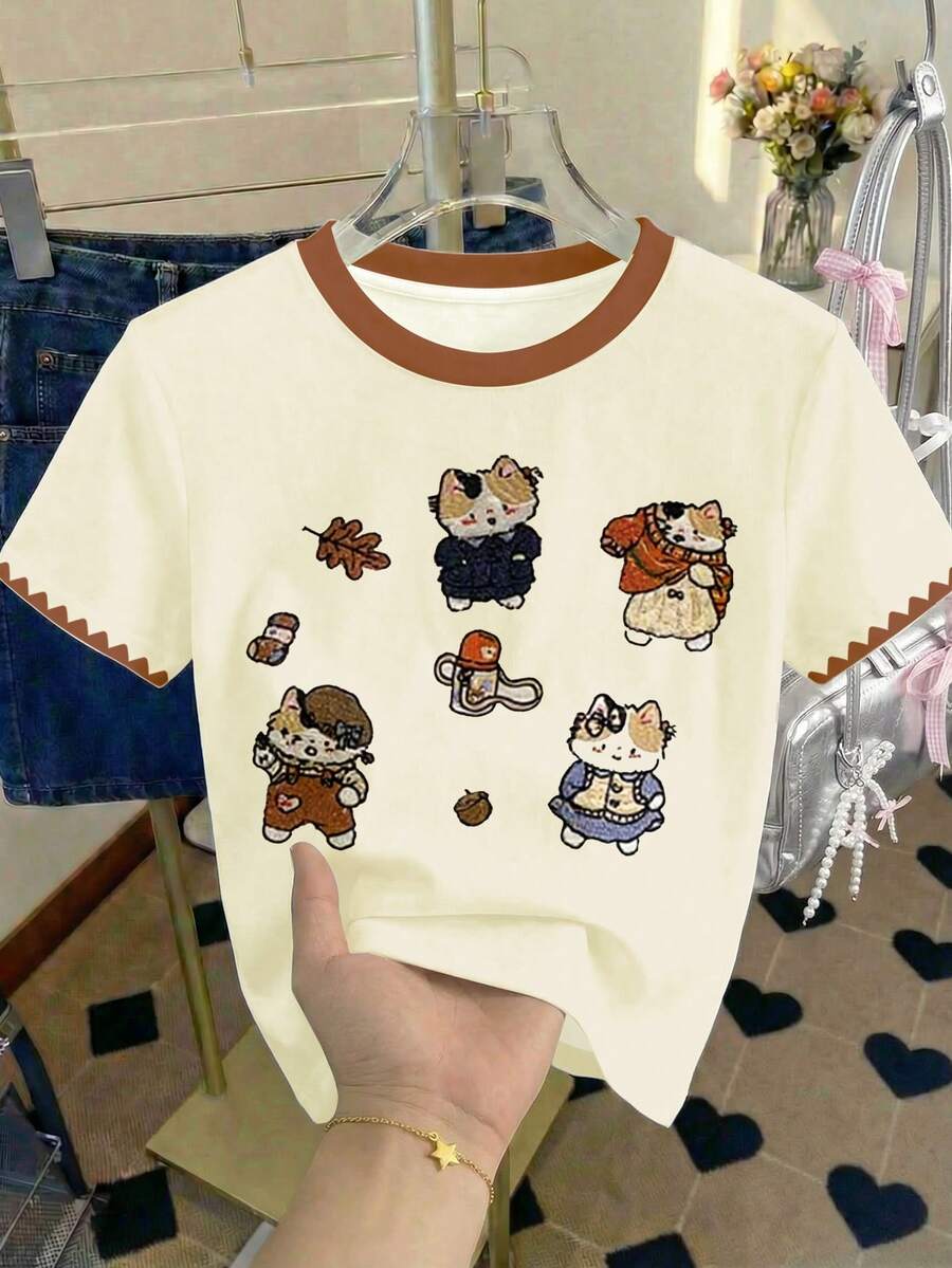 Tween Girls' Casual Cute Cartoon Cat Print Short Sleeve Round Neck T-Shirt, Suitable For Summer - Multicolor - View 1
