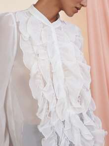 Femmeiva Fashionable & Versatile White Solid Color Chiffon Multi-Layer Ruffle Collar Front Open Casual Elegant Women Long Sleeve Blouse, Autumn/Winter - White - View 2