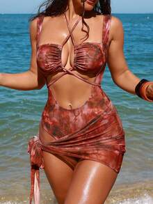 Swim SXY 两件套扎染交叉露背收腰奢华度假泳衣 - 鏽棕色 - 查看 6