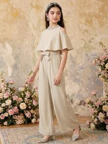 优雅通勤二合一斗篷连体裤套装，适合少女，尽显高贵气质