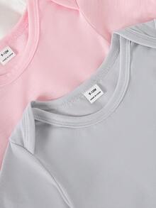 SHEIN 5件套女婴柔软舒适圆领纯色糖果连体衣，时尚休闲日常穿着，易于穿脱，短袖短裤款式，春夏款 - 彩色 - 查看 3