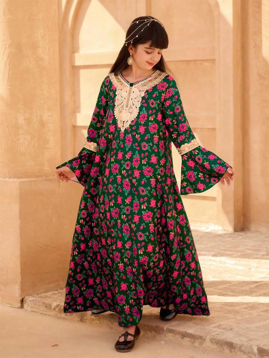 Vestido de manga larga con estampado floral para niñas preadolescentes, vestidos islámicos para niñas, vestido abaya para niñas - Verde Oscuro - Ver 1