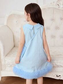 Nuovo abito elegante estivo di alta qualità per ragazze, senza maniche, con colletto alla Peter Pan, in tessuto jacquard lavorato con inserti in rete, stile principessa, adatto per uso quotidiano e uscite - celeste - Visualizzare 2