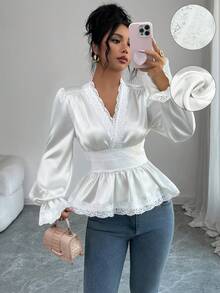Elenzga Women's Elegant Fashion Commuter Casual Comfortable Charming Retro Minimalist High-End Romantic Holiday Long Sleeve Shirred Waist Gathered A-Line Peplum Hem Back Waist Drawstring Solid Color Satin Patchwork Lace Trim Blouse