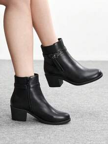 CUCCOO BIZCHIC Botas cortas casuales y cómodas con diseño de cremallera lateral para mujer, versátiles para uso diario - Negro - Ver 1