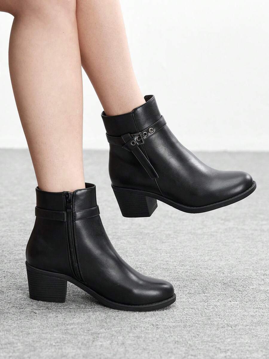 CUCCOO BIZCHIC Botas cortas casuales y cómodas con diseño de cremallera lateral para mujer, versátiles para uso diario - Negro - Ver 1
