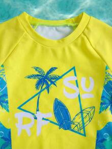 SHEIN 2pcs Baby Boy Casual Minimalist Summer Vacation Palm Tree Print Fitted Round Neck Short Sleeve Shorts Swimsuit Set,Suitable For Beach, Pool, Spring/Summer Summer Shorts - Multicolor - View 4
