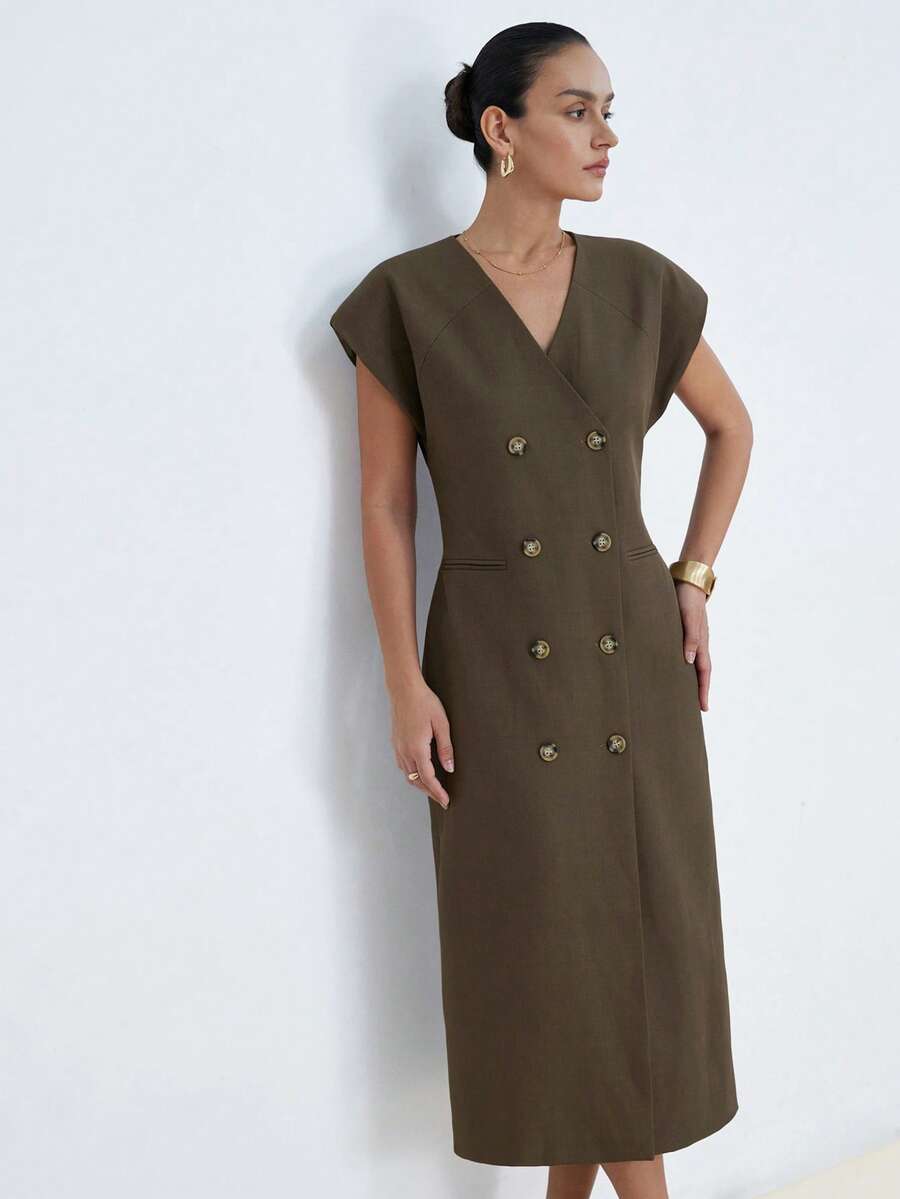 Aveloria Modichic French Elegant Style, Button Decor, Refined Office Lady Vibe Sleeveless Fitted Long Dress - Mocha Brown - View 1