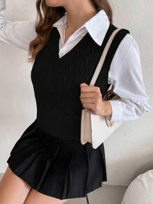 SHEIN PETITE 女士秋季时尚纯色V领罗纹针织毛衣背心 - 黑色 - 查看 4