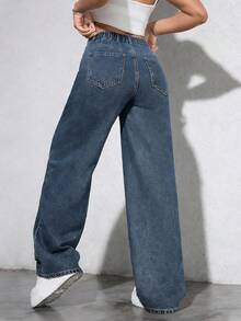 Rivivi Plus Size Casual Versatile Solid Color Slant Pocket Wide Leg Jeans - Medium Wash - View 2