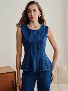 Anewsta Women's Elegant Romantic Party & Vacation Elastic Fitted Ruffle Trim Sleeveless Blue Top With Jeans Denim Peplum Top - Blue - View 3