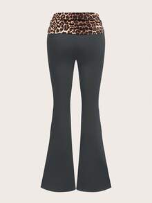 SHEIN Tall CURVE 大码时尚休闲豹纹拼接喇叭裤，可翻折腰身 - 深灰色 - 查看 3