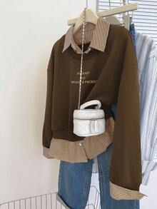 Resyla Felpa casual con stampa slogan e spalle scoperte, taglie comode per donna - Moka Marrone - Visualizzare 3