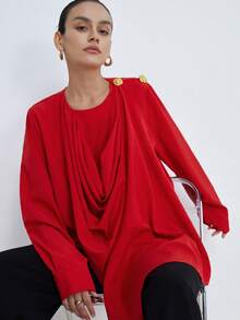 Aveloria Modichic Vintage Vibrant Red One-Piece Swing Collar Blouse, Golden Button Decor For Refined Look, Long Sleeve Design Suitable For Autumn Date - Red - View 4