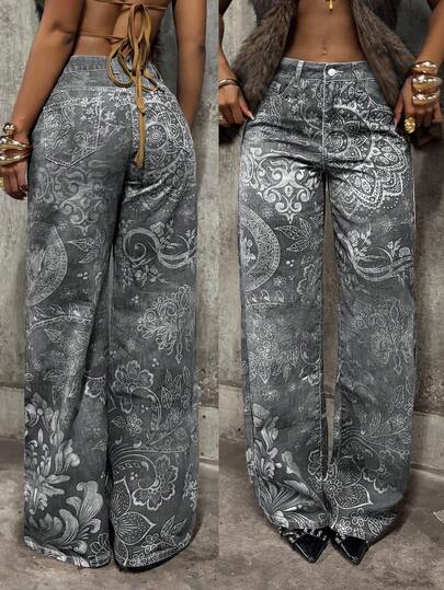 StreetHx Jeans de pierna recta con cintura baja y estampado floral, estilo streetwear