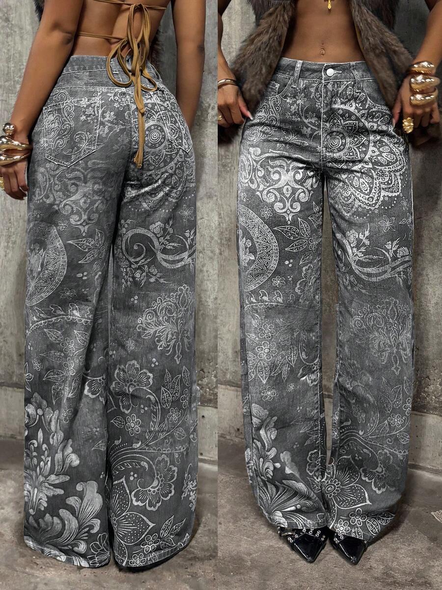 StreetHx Jeans a vita bassa con gamba dritta e stampa floreale, stile streetwear - nero - Visualizzare 1