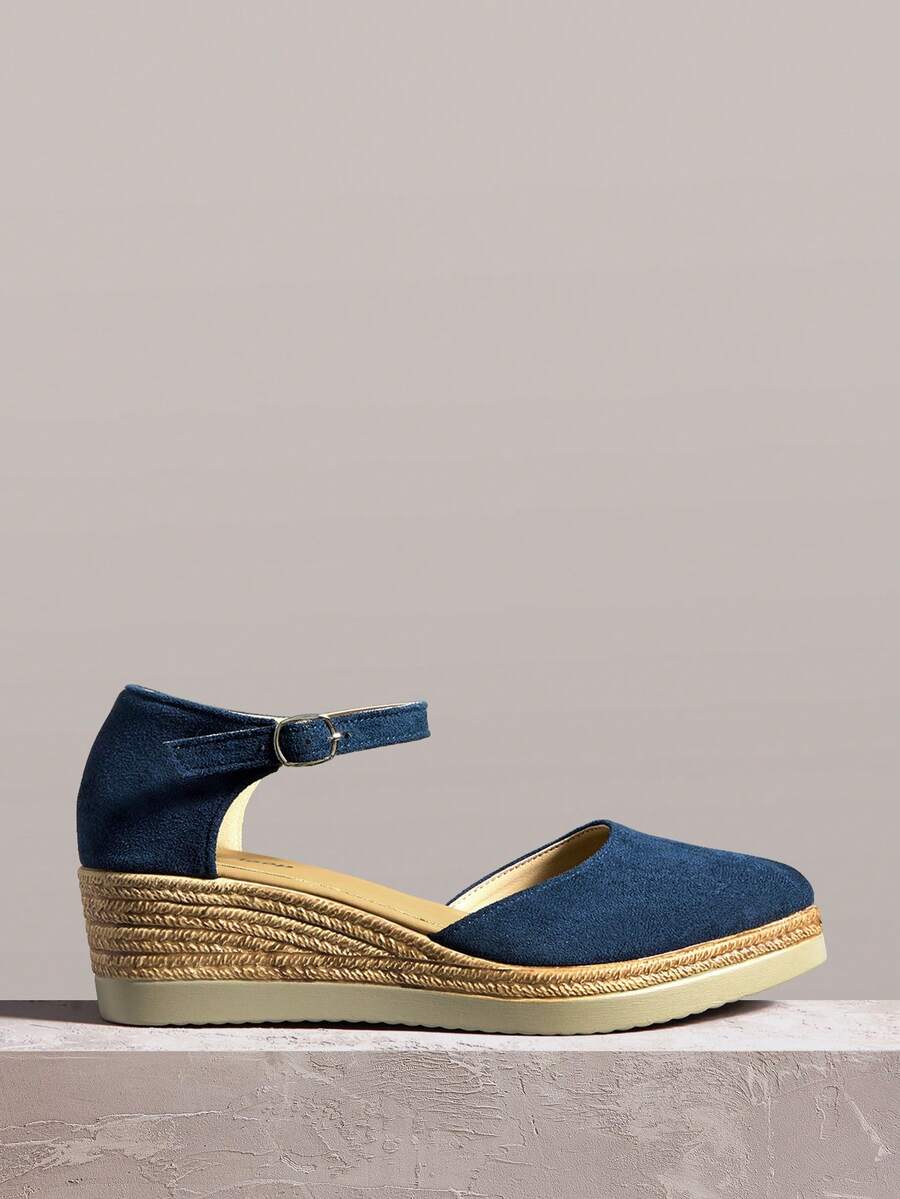 Styleloop 女士春夏新款蓝色包跟绒面厚底镂空渔夫鞋，包头高跟坡跟罗马尖头凉鞋 - 藏蓝色 - 查看 1