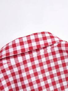 SHEIN 少女休闲度假优雅通勤上学修身翻领无袖褶皱编织蓝白条纹收腰A字纽扣衬衫 - 紅色 - 查看 8