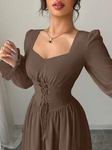 Modelyn Đầm nữ thanh lịch kiểu Pháp cao cấp, cổ khoét hình giọt nước, tay bồng, thắt eo, thích hợp cho mùa xuân/thu. - Rượu sâm banh - Xem 5