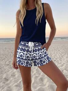 Sylviya 女士休闲圆领吊带背心短裤套装（2件套），适合夏季穿着。女士短裤套装，女士两件套短裤套装，女士两件套夏季服装，夏季短裤套装 - 彩色 - 查看 4